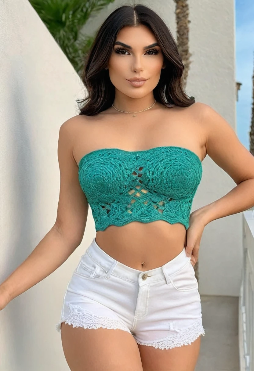 ((high quality:1.2)), Work of art, (8k), extremely detailed, ((High detail:1.2)), ((best resolution)), (Hotlexi woman), Solo, ((Alex Zedra)), 24 years old female, (strapless crop top, mini-shorts),