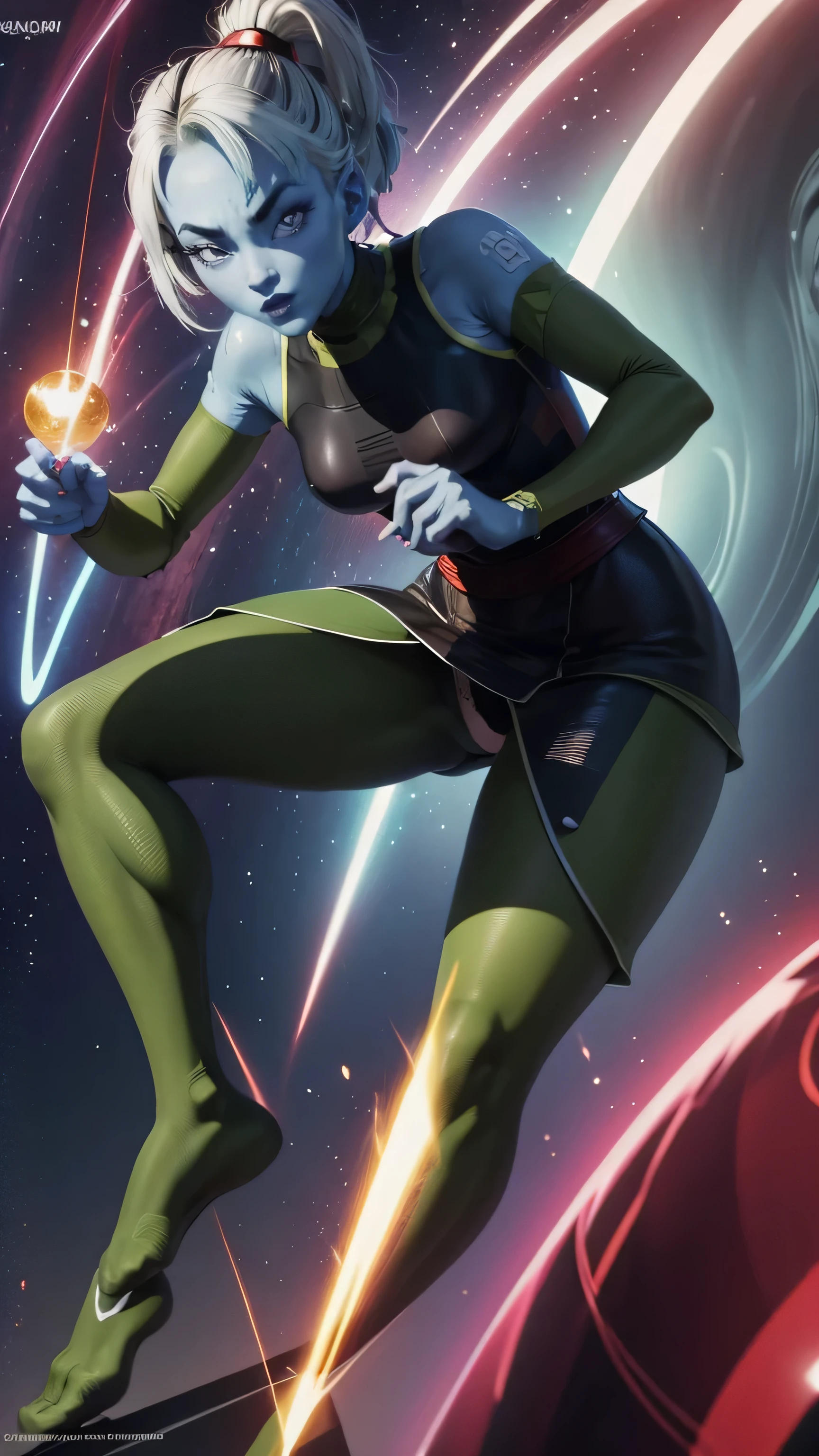 a female character in a dragon ball style pose,Gwen from total drama,cosplaying as Vados,beautiful detailed face,detailed eyes,beautiful detailed lips,detailed face and body,intricate detailed digital art,highly detailed,masterpiece,photorealistic,8k,ultra-detailed,cinematic lighting,vibrant colors,digital painting,concept art style