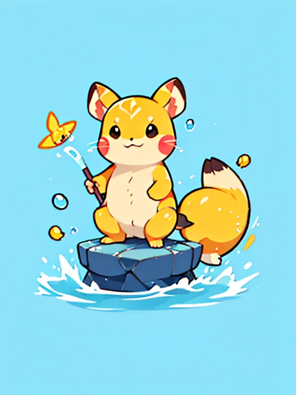 cute scene of Pika practicing swimming, Pika should be in a shallow pool or calm body of water., looking determined and cheerful Water splashes around Pika., and maybe a few playful bubbles. The background should show a sunny day with clear skies