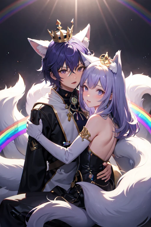 humanoid fox with crystal crown, light purple hair, fox ears, fox tails, rainbow background, and rainbow light engulfing their body