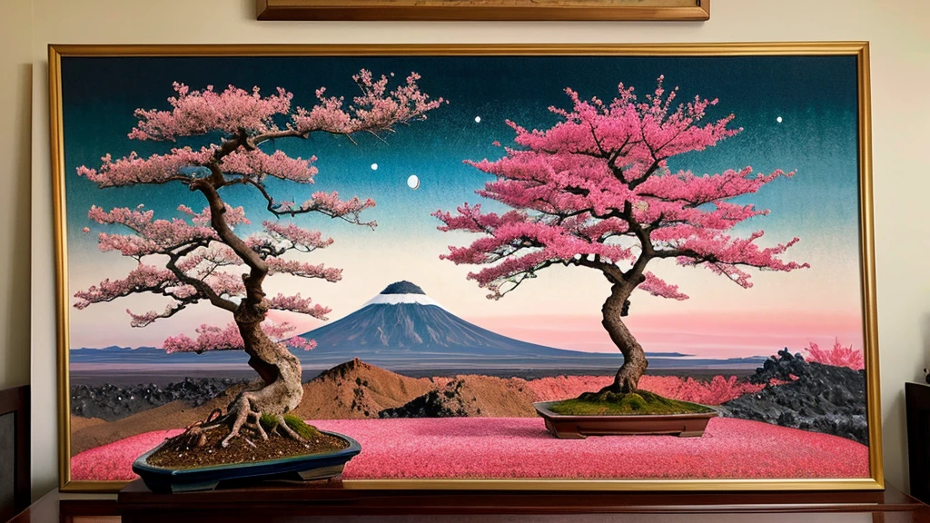 piece of art, connecting Japanese culture and eruptic of volcano, beatiful landspace, pink bonsai tree, pastel graphics, beatiful art, masterpiece,