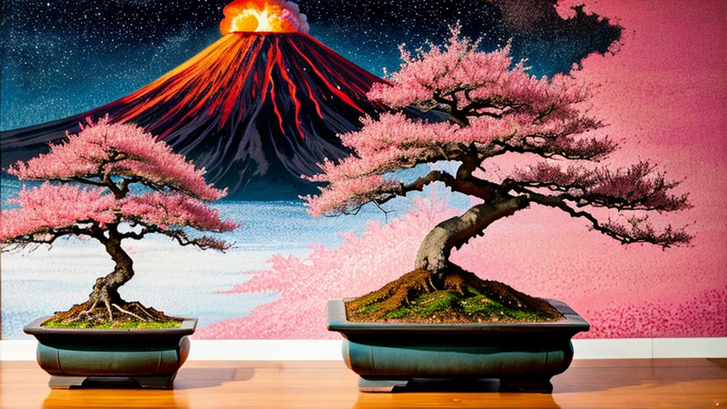 piece of art, connecting Japanese culture and eruptic of volcano, beatiful landspace, pink bonsai tree, pastel graphics, beatiful art, masterpiece,