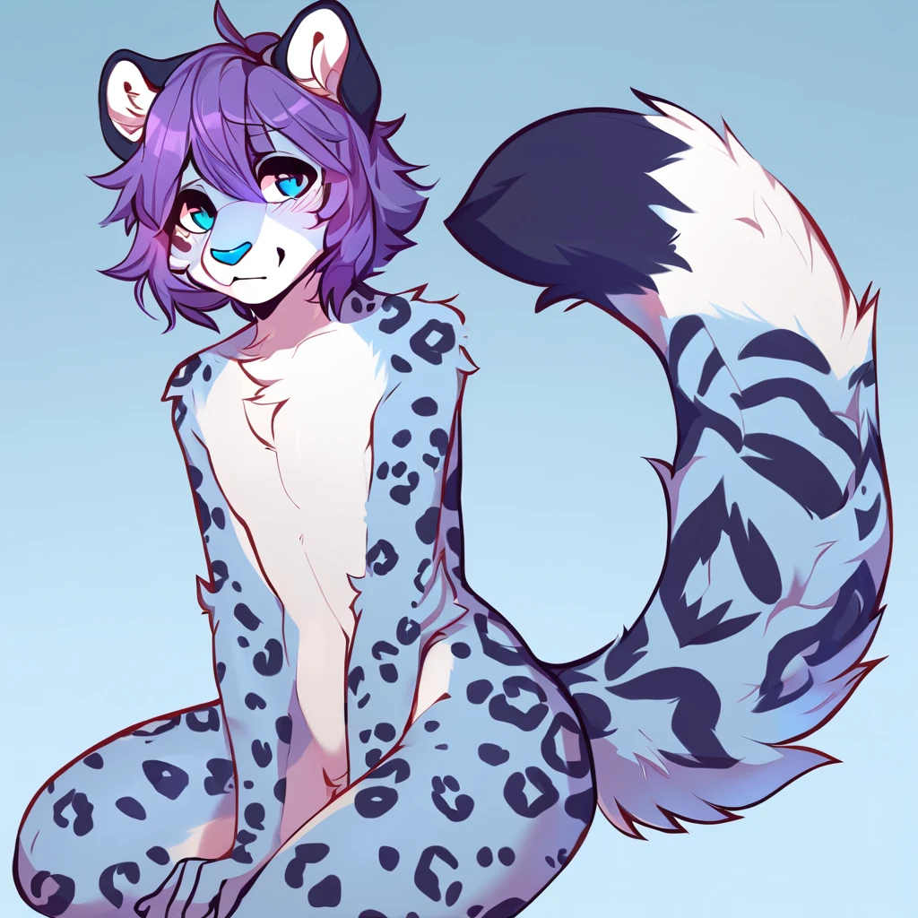 adult, feline, mammal, anthro, anthromorphic, snow, leopard, striped_feline, fur, furred_anthro, fluffy_tail. femboy, male, bangs, ear_tufts, blue_nose, blue_fingers, hair_tuft, hair_between_eyes, short_tail, fluffy, feline_ears, expressive_eyes, purple_hair, light looking_at_viewer, legs, legs_visible, thighs, blue_paws, blue_fur, shy, small_pupils, spotted_pattern, stripes, tail, tail_connected_to_body tiger_stripes, digital_art, high_resolution, high_res, tealblue_background fit, posing, laying_down