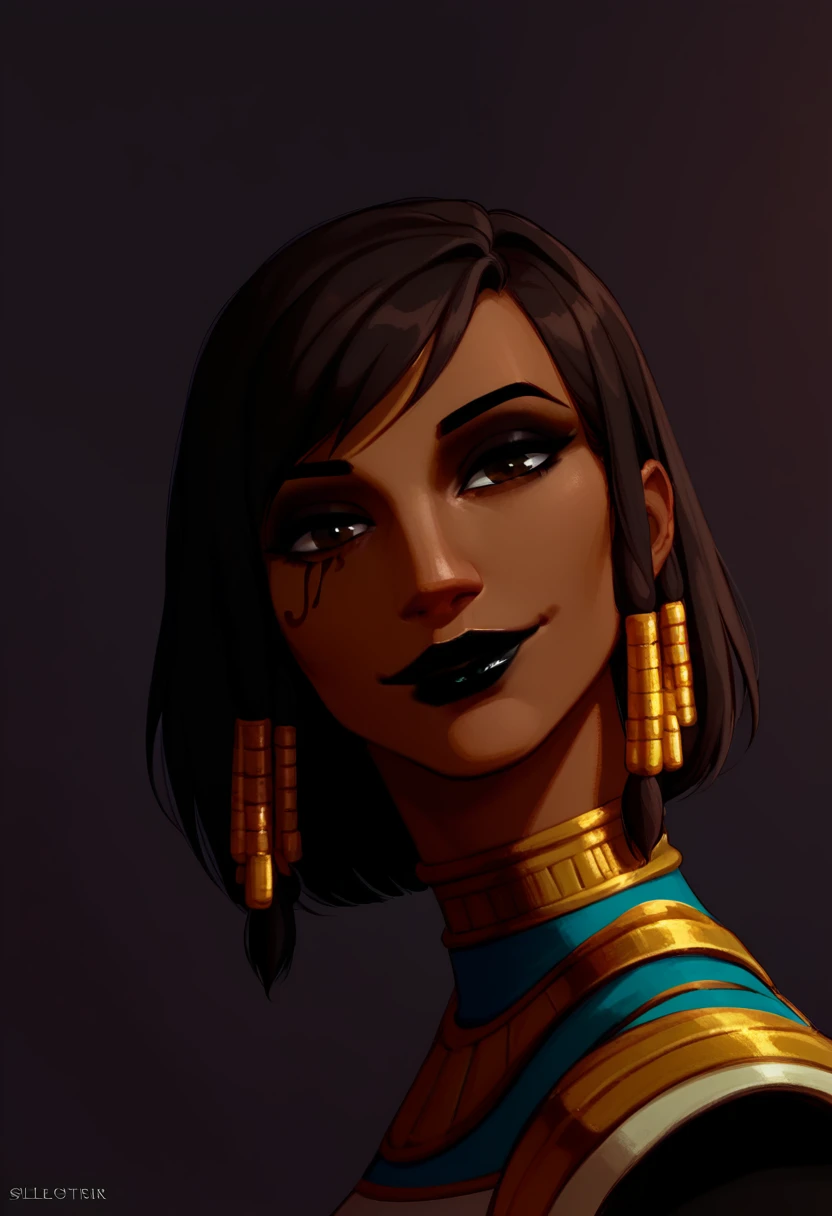 score_9, score_8_up, score_7_up, dark background, abstract, 1girl, solo, Pharah, brown eyes, (Eye of Horus), (black lipstick), headshot portrait, side view, close-up, looking at viewer, (head tilt:1.2), slight smile, Egyptian clothes, dutch angle