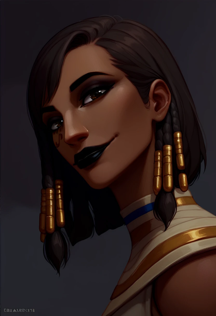 score_9, score_8_up, score_7_up, dark background, abstract, 1girl, solo, Pharah, brown eyes, (Eye of Horus), (black lipstick), headshot portrait, side view, close-up, looking at viewer, (head tilt:1.2), slight smile, Egyptian clothes, dutch angle