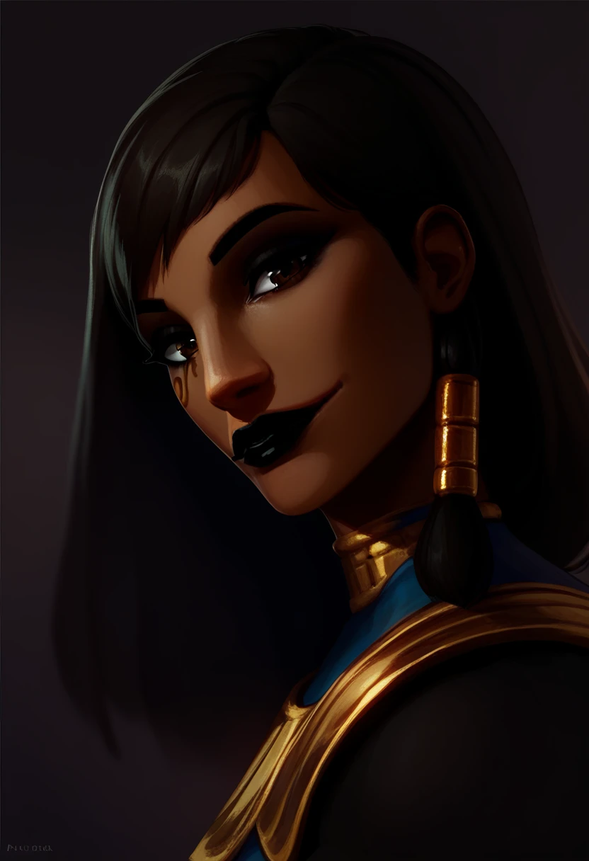 score_9, score_8_up, score_7_up, dark background, abstract, 1girl, solo, Pharah, brown eyes, (Eye of Horus), (black lipstick), headshot portrait, side view, close-up, looking at viewer, (head tilt:1.2), slight smile, Egyptian clothes, dutch angle