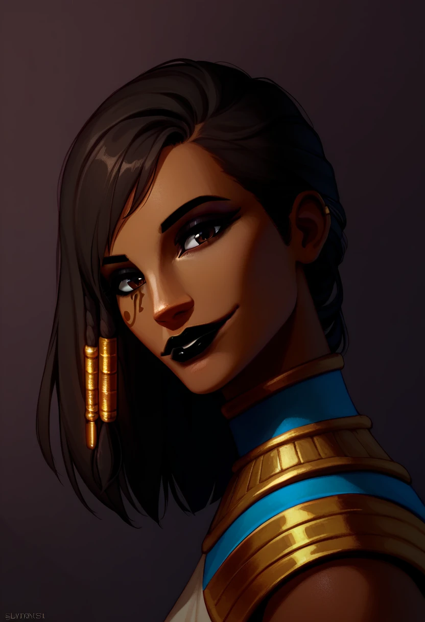 score_9, score_8_up, score_7_up, dark background, abstract, 1girl, solo, Pharah, brown eyes, (Eye of Horus), (black lipstick), headshot portrait, side view, close-up, looking at viewer, (head tilt:1.2), slight smile, Egyptian clothes, dutch angle