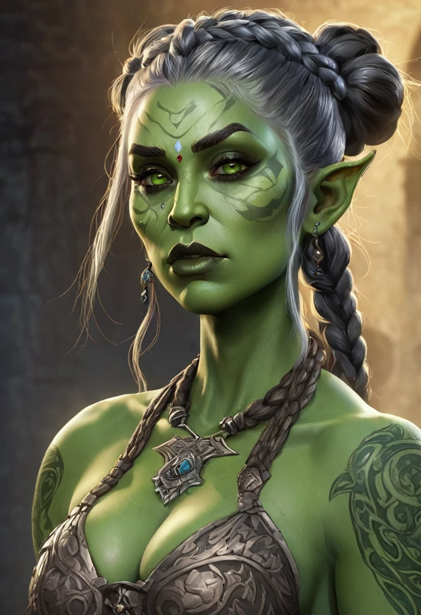 beautiful detailed green orc girl, twin braided hair, full body shot, detailed face, intricate face features, beautiful detailed eyes, beautiful detailed lips, extremely detailed skin, intricate tattoos, medieval fantasy style, cinematic lighting, dramatic lighting, epic fantasy, masterpiece, anime style, naked