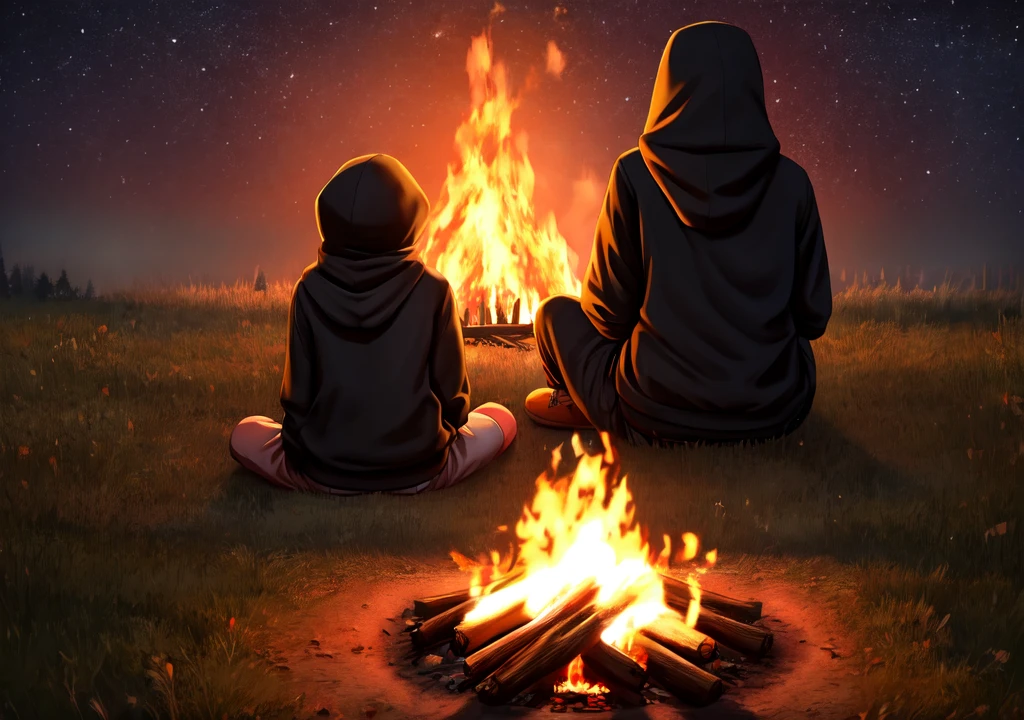 I need the backs of a boy in a black sweatshirt sitting on the ground, watching a big bonfire in the middle of the night