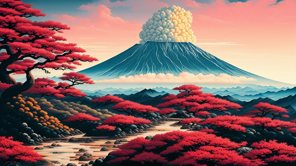 piece of art, connecting Japanese culture and eruptic of volcano, beatiful landspace, pink bonsai tree, pastel graphics, beatiful art, masterpiece