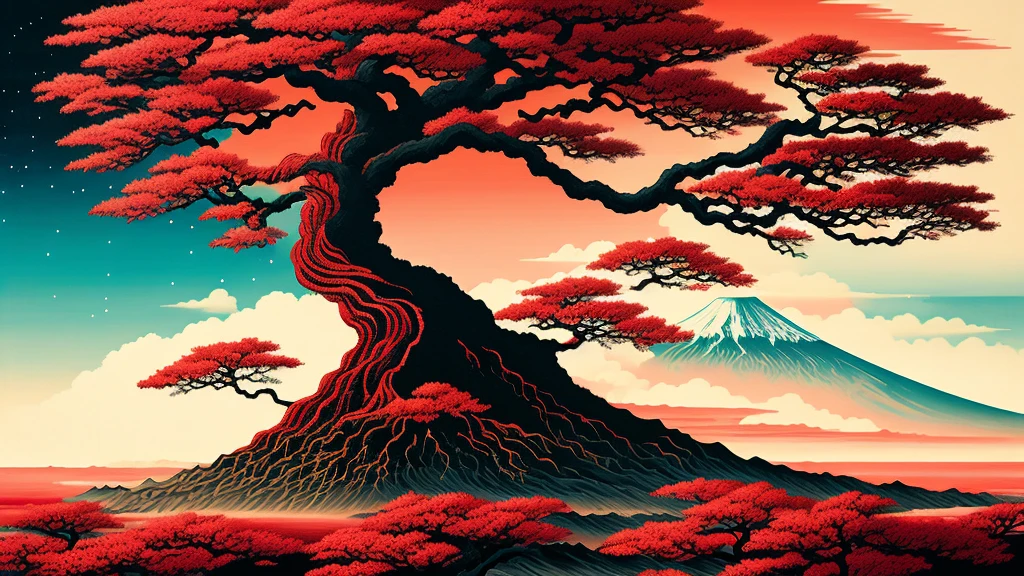 piece of art, connecting Japanese culture and eruptic of volcano, beatiful landspace, pink bonsai tree, pastel graphics, beatiful art, masterpiece