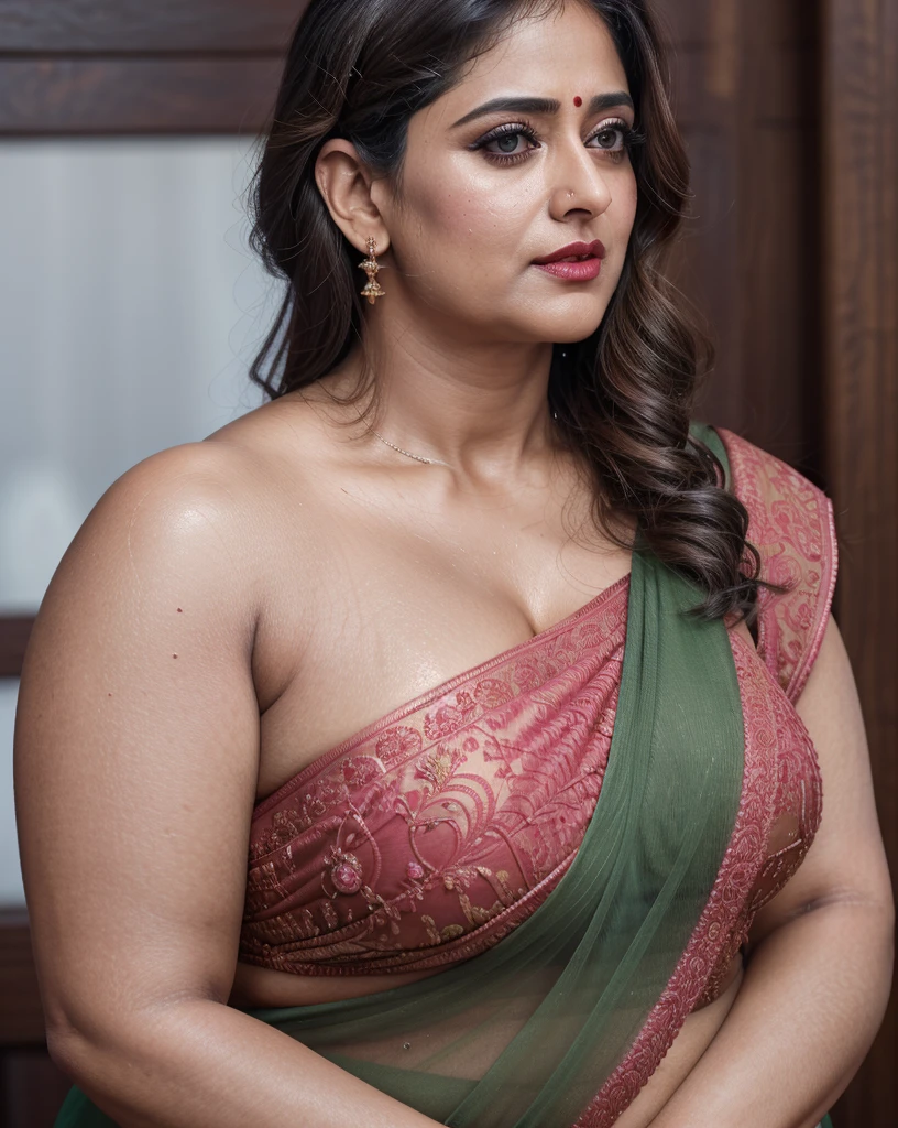 50yo mature  Anushka Shetty,((best quality)), ((masterpiece)), ((realistic)), eye kajal, mascara, red lips, sensual Beauty, mommy,  full figured mommy, provoking body, extreme sweat, sweat soaked skin, slight stretch marks, alluring figure,  bulging figure, thick charming lady, , thick navel, full figured woman, eye kajal, massive , full body, styled hair, pierced eyes, female face,royal aura, trend on artstation , sharp focus, studio photo, intricate detail, very detailed, detailed eye, illustration, very detailed, sharp focus, digital render, professional, 4k