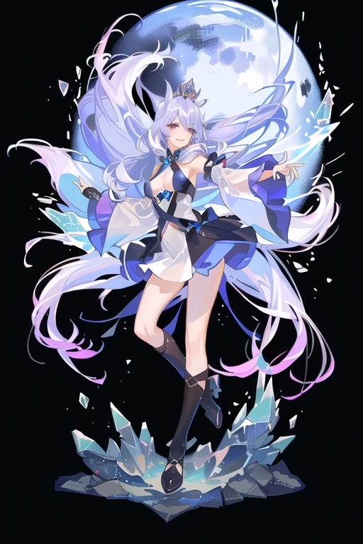 humanoid fox with crystal crown, light purple hair, fox ears, fox tails, rainbow background, and rainbow light engulfing their body