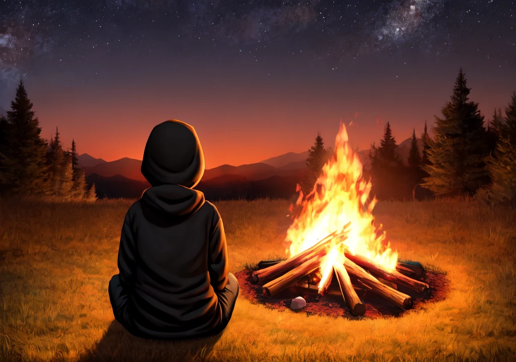 I need the backs of a boy in a black sweatshirt sitting on the ground, watching a big bonfire in the middle of the night 