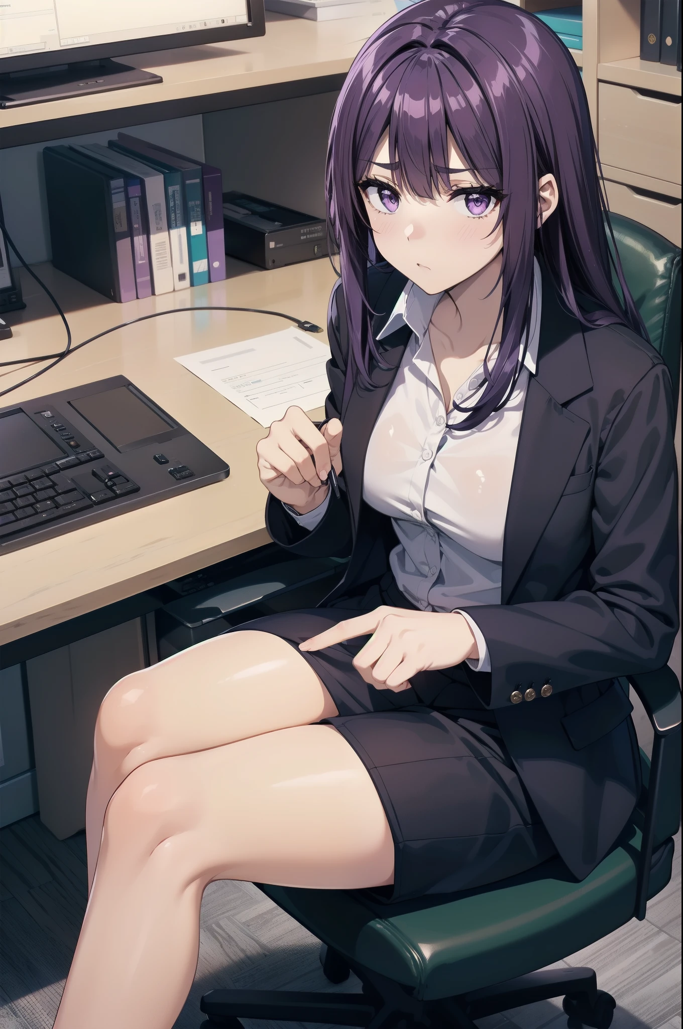 purple hair,,long hairpurple eyes,(((office suit,)))(disgust,looking disgusted, abhore),in the office,sitting on the office chair
