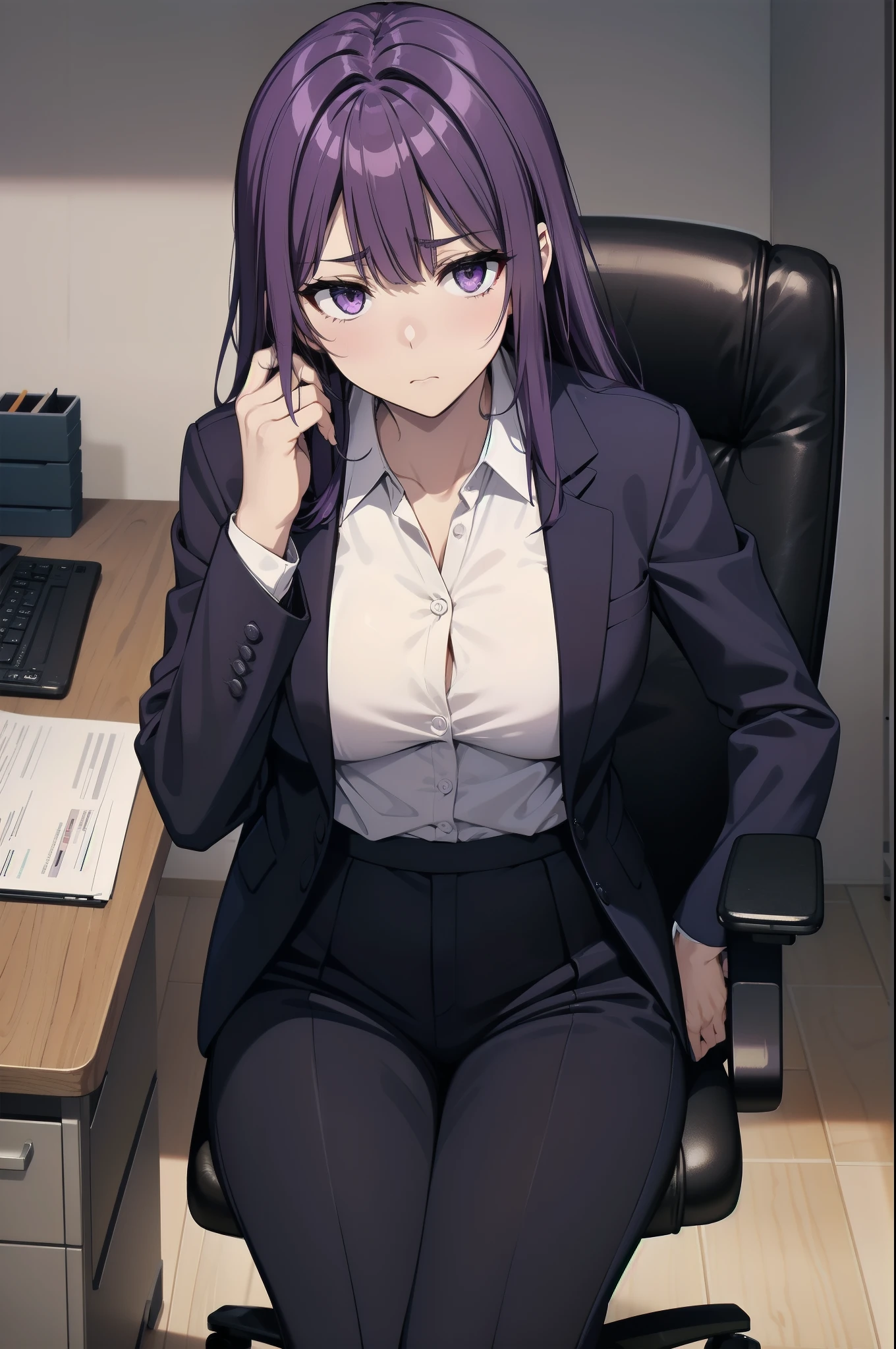 purple hair,,long hairpurple eyes,(((office suit,)))(disgust,looking disgusted, abhore),in the office,sitting on the office chair
