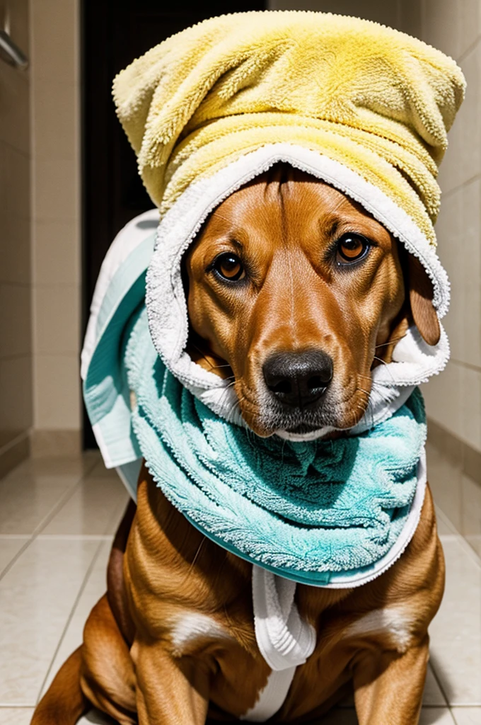 Dog with towel on head