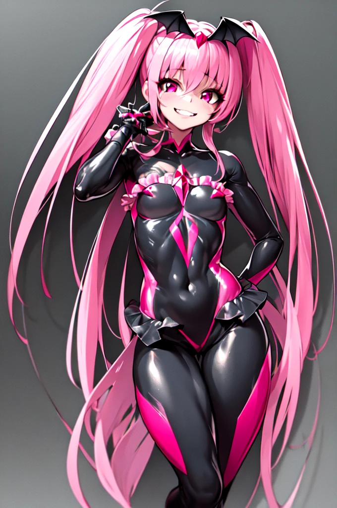 1 Girl, bad_end_Pretty Cure, bad_end_Happy,Pink Hair, Pink Eyes, Ruffled bodysuit, Are standing, Finding, jump, magic, Masterpiece Therapy_Happy, Red Gem、Wicked Smile, Dark world background, Red Moon, Cloudy sky, CG Style,deep shaded face,sadistic smile,Malice,contempt,laugh at,