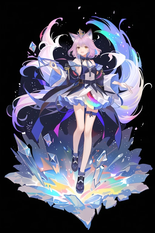 humanoid fox wearing a crystal crown, light purple hair, fox ears, fox tails, rainbow background, and rainbow light engulfing their body