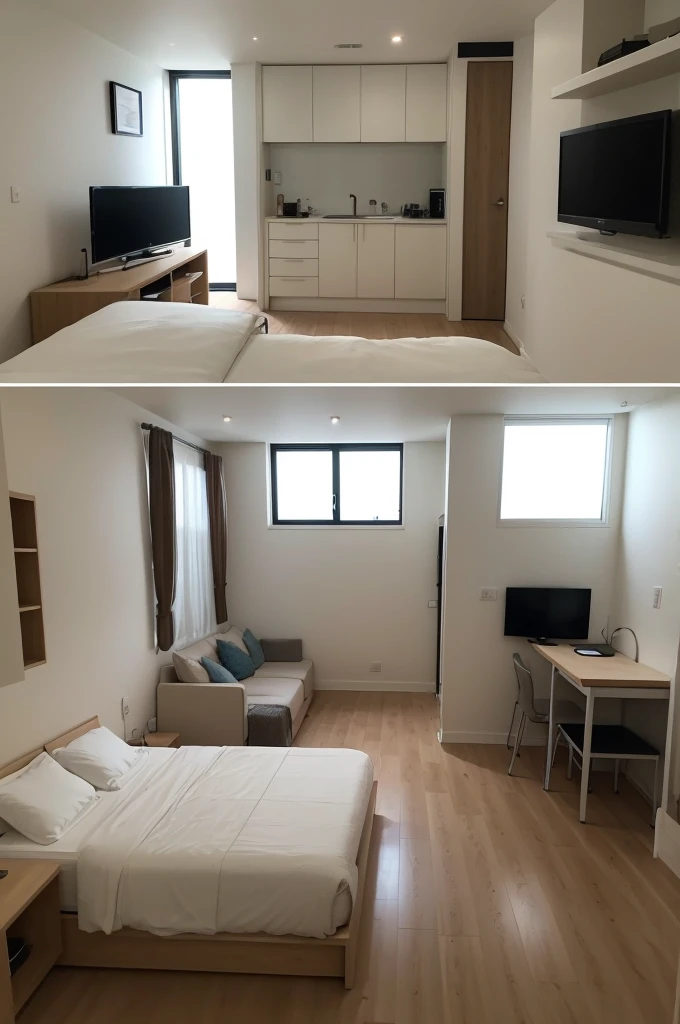 describe a 48 M2 room with a mini slave , a chair , a counter to put some things , a bathroom with shower and mirror , sink and a 40-inch smart TV and describe to me this very detailed and precise graphic designer.... and put a good, comfortable bed