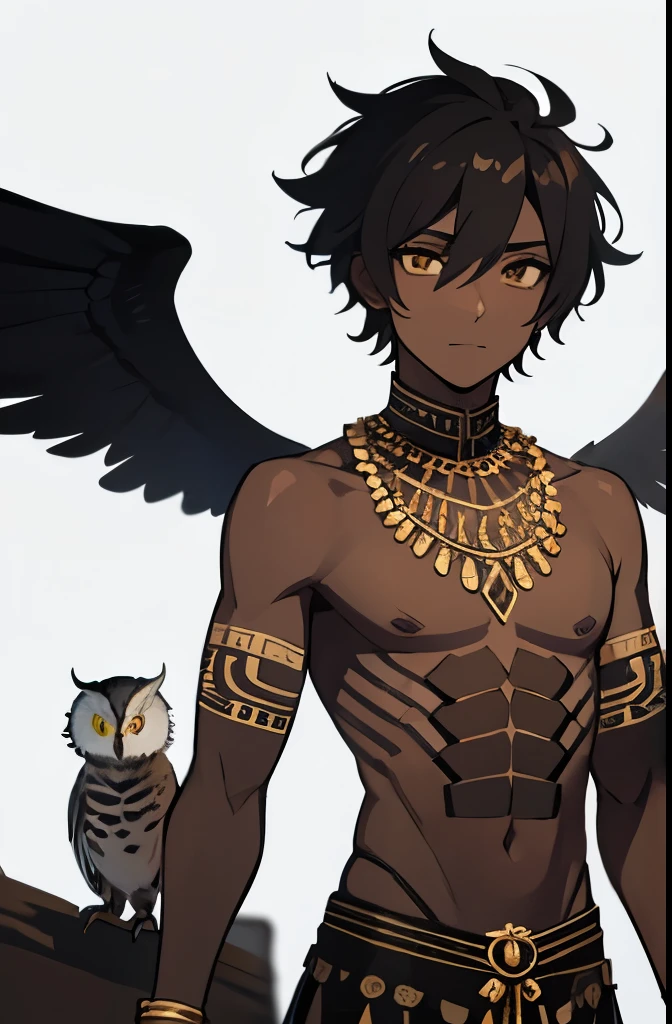 A black boy with tribal clothes and owl features like wings and jm