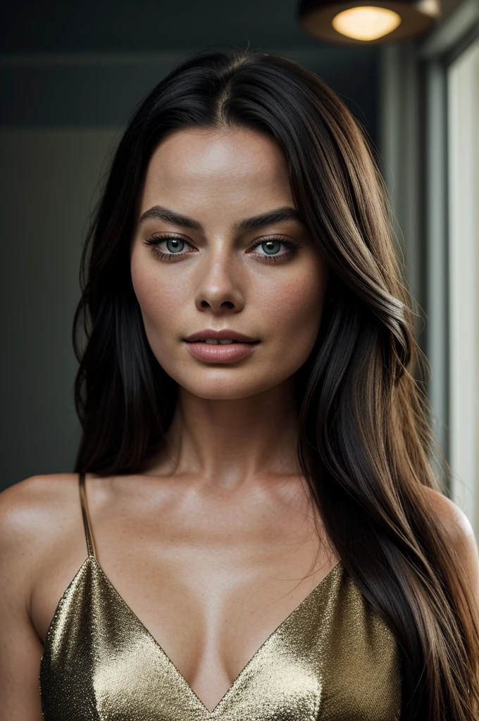 beautiful woman with long dark hair, similar to margot robbie, face in extremely detailed and high quality 4k, facing the camera, perfect lighting on her face, 4k, photorealistic, masterpiece, high quality, extremely detailed, cinematic lighting, dramatic pose, elegant, sensual, center the image, Visual effects, Sound effects, Incredibly detailed and complex, hyper maximalist, elegant, hyper realistic, super detailed, dynamic pose, woman posing for a photo, portrait, classy and elegant photo