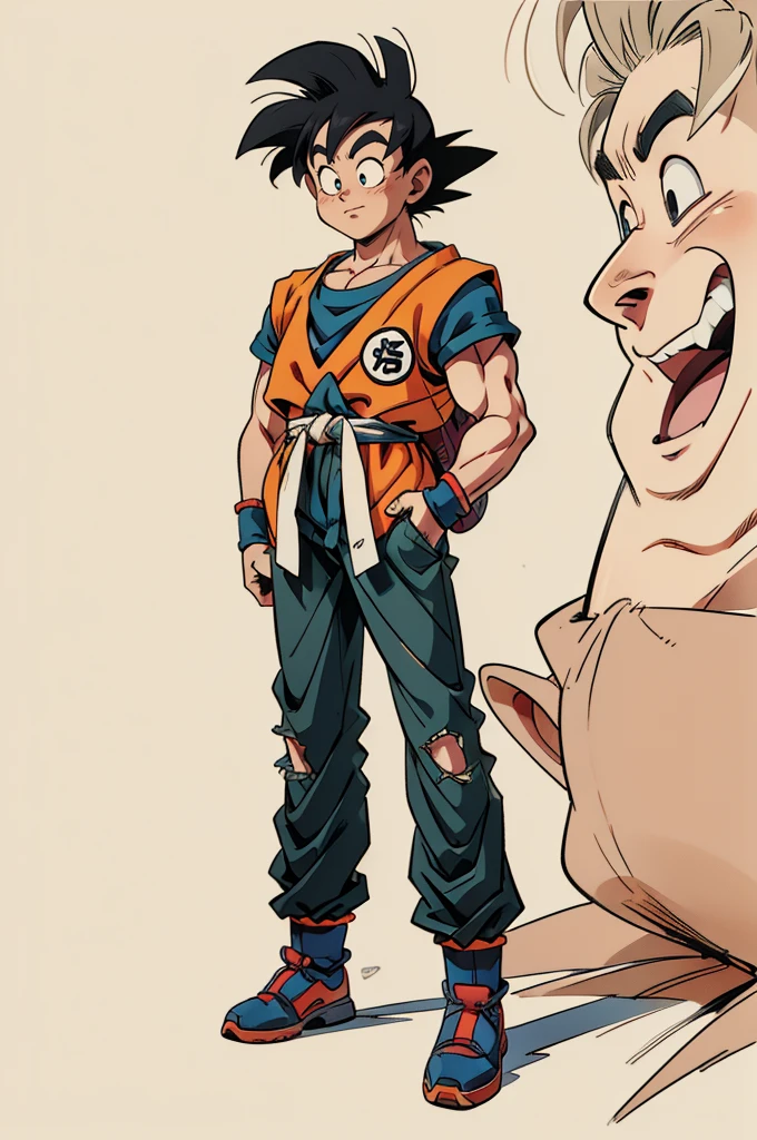 1man, fashion outfit, son goku from dragon ball, akira toriyama style, full body, detail, face detail, amazing art, simple background,