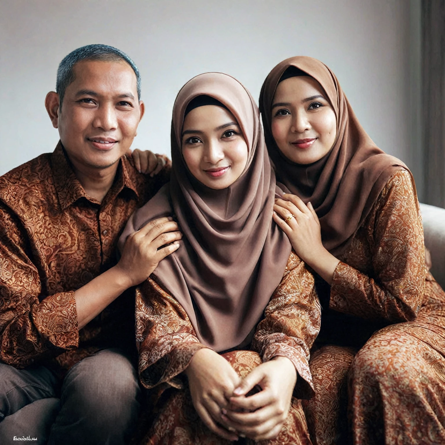 there are three people sitting on a couch together wearing hijabs, an indonesian family portrait, potrait, family portrait, portrait of family of three, happy family, by Basuki Abdullah, full protrait, realism art, realistic portrait photo, color portrait, photo portrait, dramatic portraiture of namenlos, protrait, home photography portrait, foto realistic