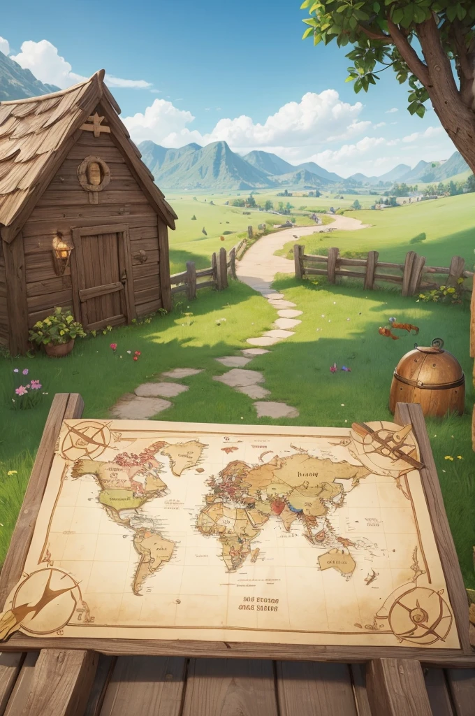 create a treasure map with 7 blank speech bubbles, no children in the scene, only treasure items on the map, 3X2 image
