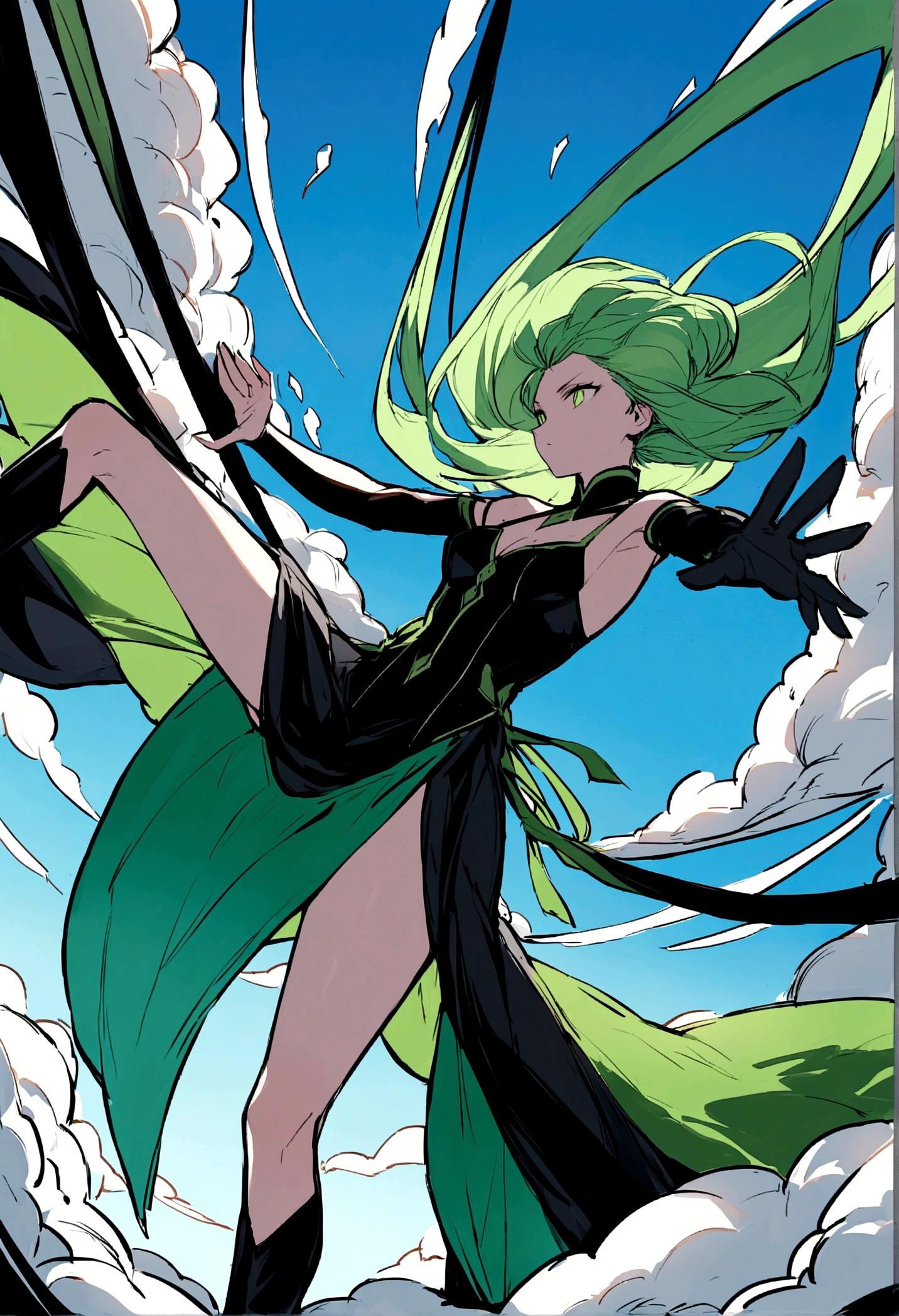 Imagine a young heroine with a striking appearance and impressive power. She has short, flowing green hair., that seem to float with their own energy, complementing your large, expressive eyes. Seu rosto, with determined and confident traits, conveys a mix of strength and determination.
She wears a tight and elegant black dress, that divides into bold slits, revealing her long, shapely legs. The dress is adorned with ribbons that float around it., as if they were extensions of your own power. on the feet, she wears black low-heeled shoes, practical for your heroic activities.
The young girl floats in the air against a bright blue sky with some white clouds in the background, which further highlights its imposing presence. Their posture is firm, with one arm extended forward in a commanding gesture, suggesting she is in the middle of a heroic action, perhaps using his telekinetic abilities to manipulate the environment around him.
Natural lighting brings out the vibrant colors of your hair and the contrast of your outfit, while the ribbons on her dress seem to wave as if they were part of a graceful choreography. This scenario conveys the idea of a powerful and fearless young woman, ready to face any challenge with confidence and authority.