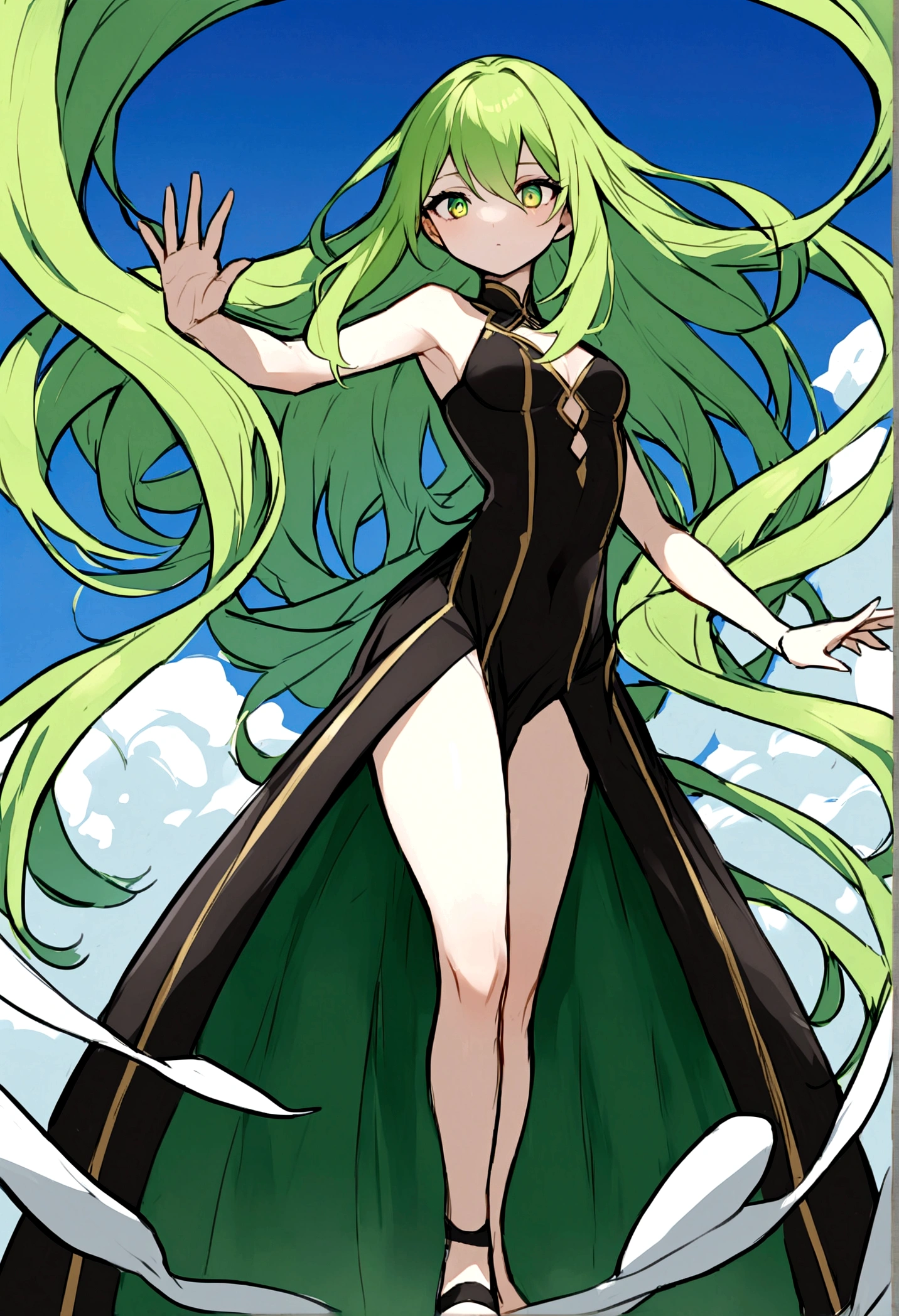 Imagine a young heroine with a striking appearance and impressive power. She has short, flowing green hair., that seem to float with their own energy, complementing your large, expressive eyes. Seu rosto, with determined and confident traits, conveys a mix of strength and determination.

She wears a tight and elegant black dress, that divides into bold slits, revealing her long, shapely legs. The dress is adorned with ribbons that float around it., as if they were extensions of your own power. on the feet, she wears black low-heeled shoes, practical for your heroic activities.

The young girl floats in the air against a bright blue sky with some white clouds in the background, which further highlights its imposing presence. Their posture is firm, with one arm extended forward in a commanding gesture, suggesting she is in the middle of a heroic action, perhaps using his telekinetic abilities to manipulate the environment around him.

Natural lighting brings out the vibrant colors of your hair and the contrast of your outfit, while the ribbons on her dress seem to wave as if they were part of a graceful choreography. This scenario conveys the idea of a powerful and fearless young woman, ready to face any challenge with confidence and authority.
