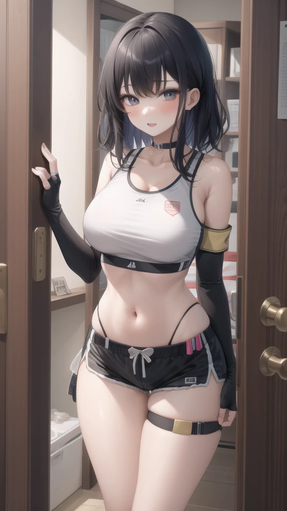 1 Girl,Black Hair,sports ,stomach,thighs ,short shorts,navel ,fingerless gloves ,collarbone,
,pants,School,Armband ,Wide , Belt、 Belt、 Belt、Open door、doorway
