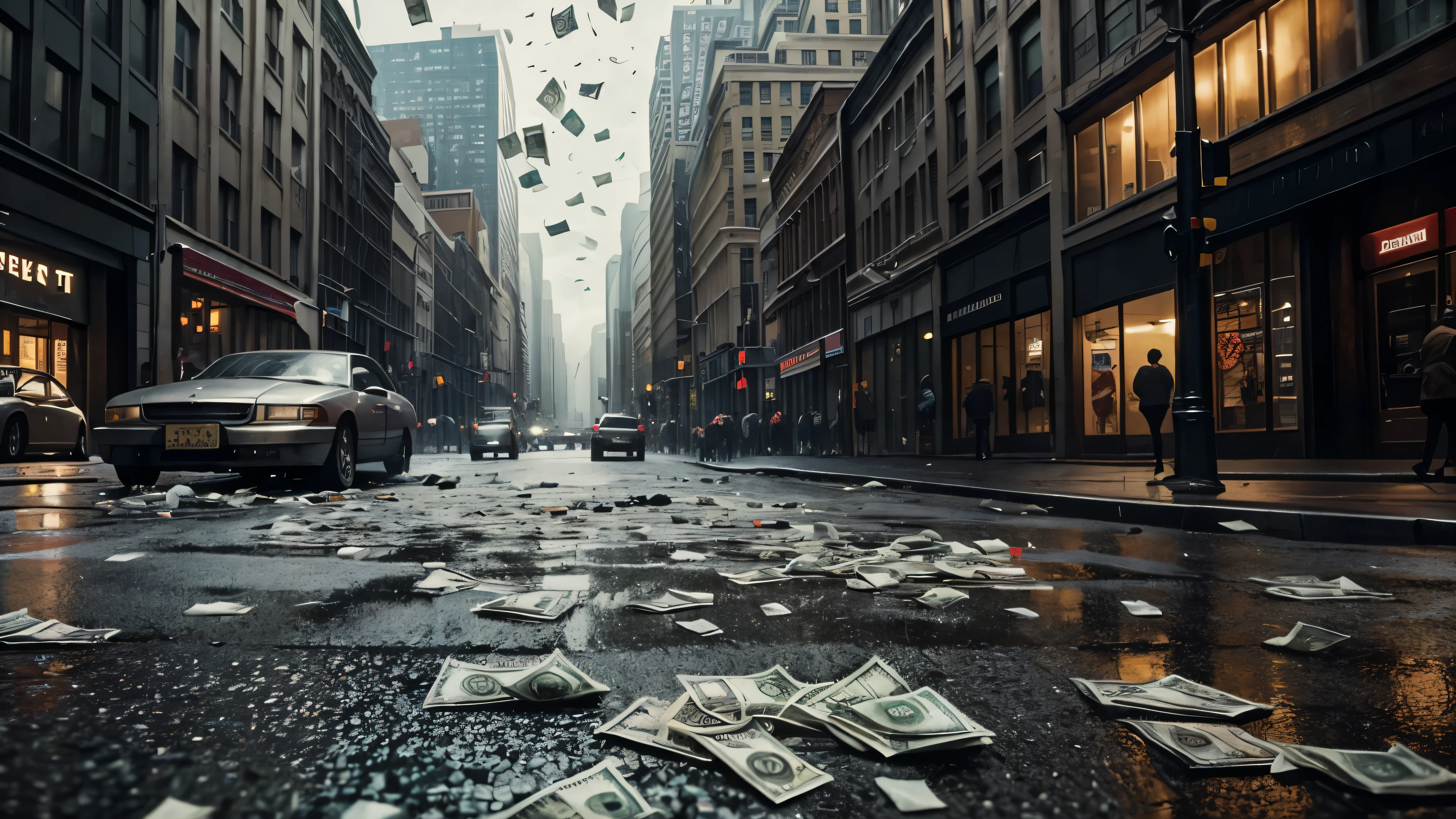 bags of cash falling from the sky, cash scattered all over the street, cinematic action, masterpiece, super detail, textured skin, atmospheric perspective,