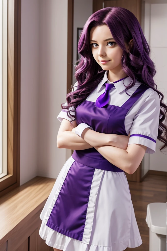 Screenshot of My Hero Academia tall girl with wavy violet hair and wearing the maid uniform