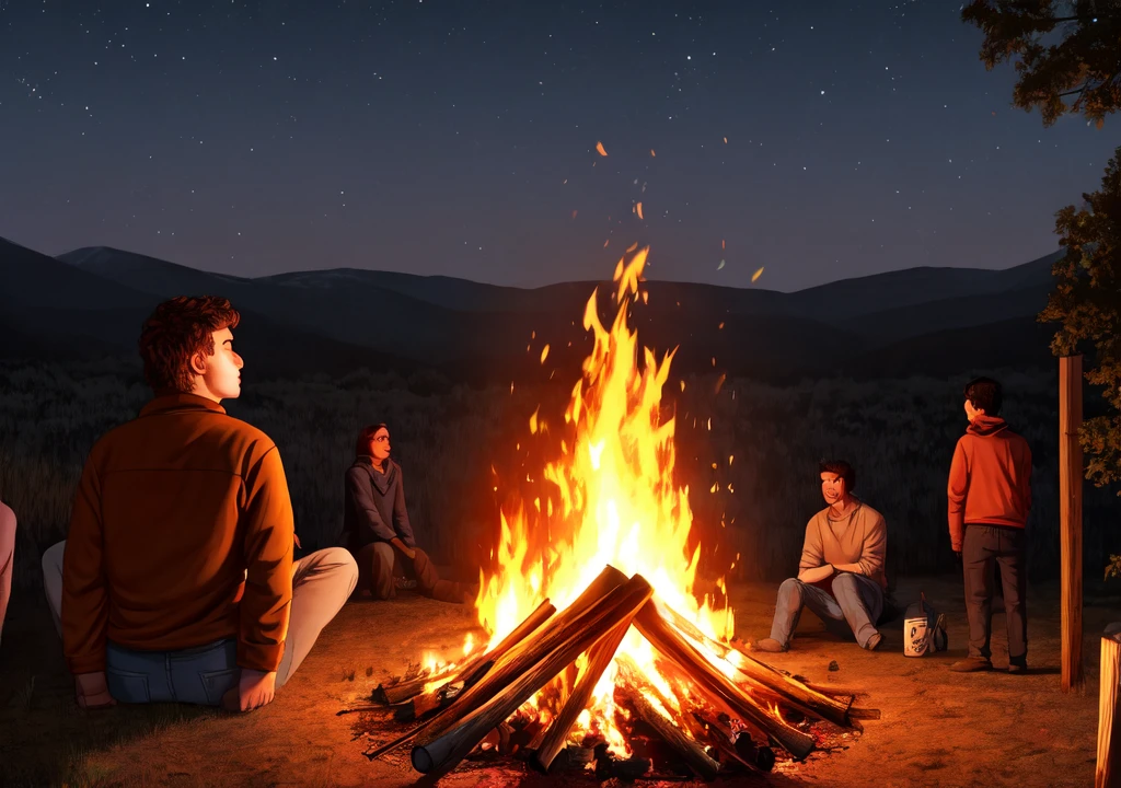 I need the backs of a sitting on the floor, watching a big bonfire in the middle of the night