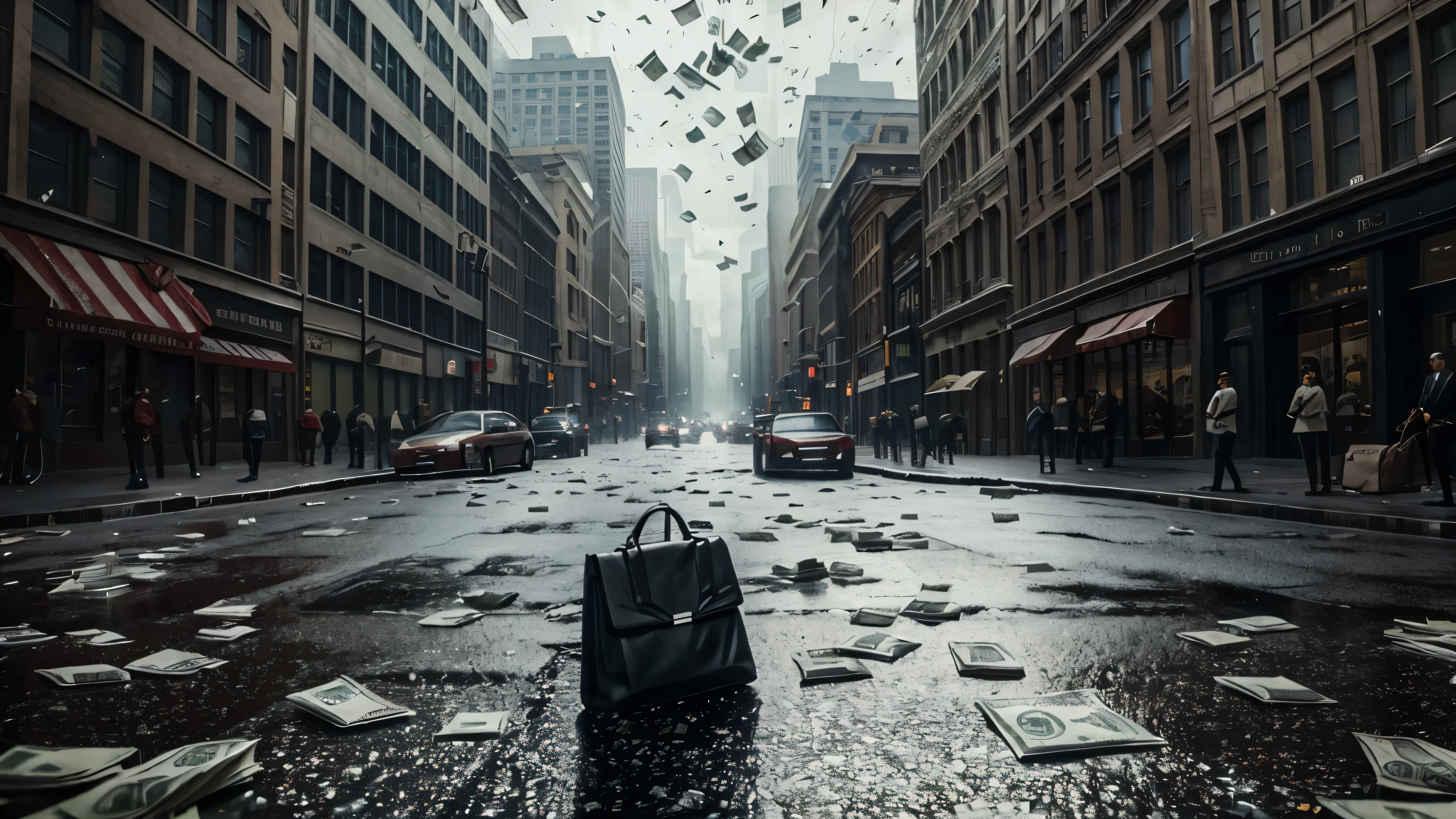 bags of cash falling from the sky, cash scattered all over the street, cinematic action, masterpiece, super detail, textured skin, atmospheric perspective,
