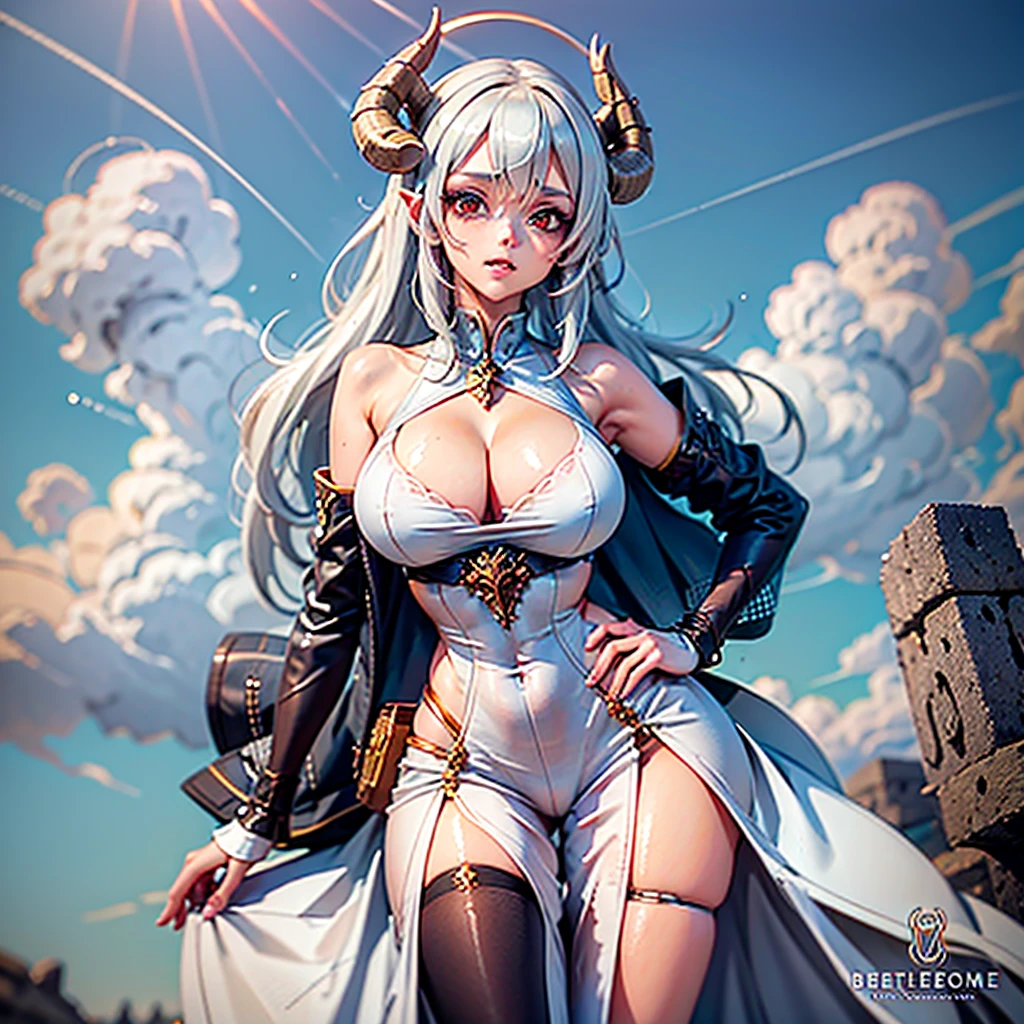 Sheep woman, half shot, hips, white, dress Valkyrie cloth, horns, UP HIP