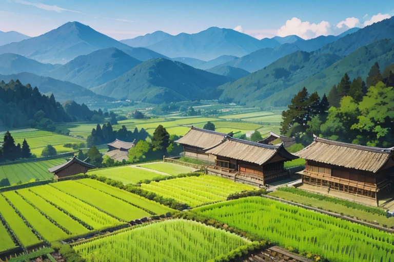 Japanese mountains, Japanese forests, Japanese rice fields, houses, background only