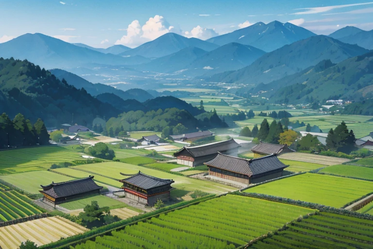 Japanese mountains, Japanese forests, Japanese rice fields, houses, background only