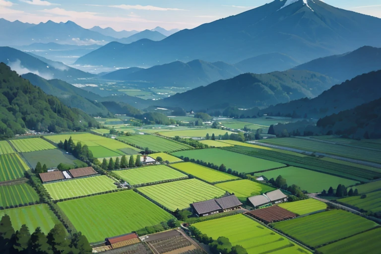Japanese mountains, Japanese forests, Japanese rice fields, houses, background only