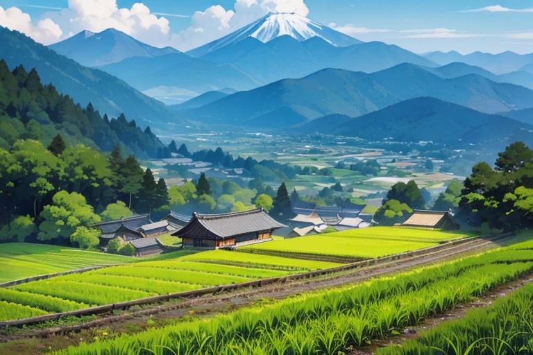 Japanese mountains, Japanese forests, Japanese rice fields, houses, background only
