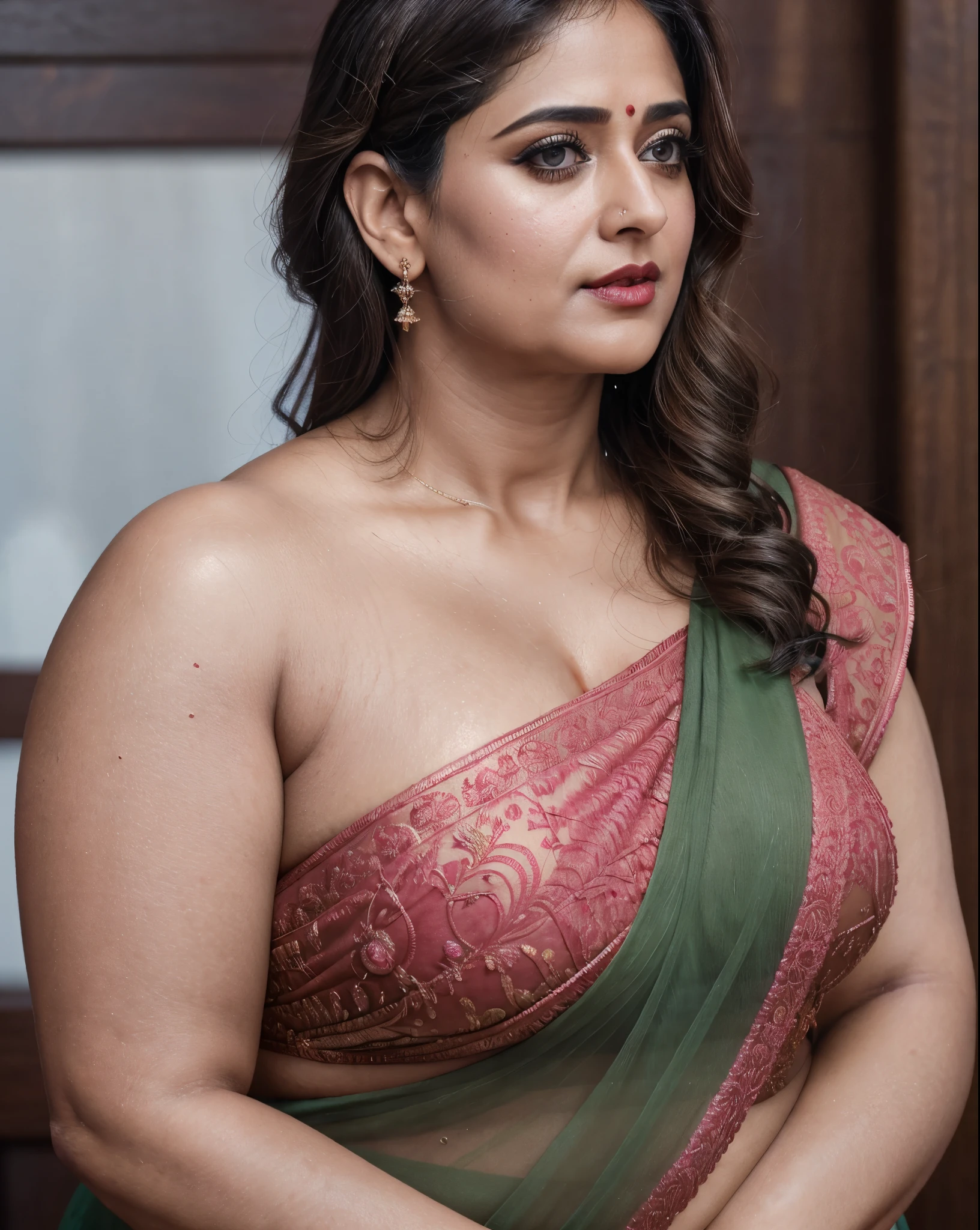 50yo mature MILF Anushka Shetty,((best quality)), ((masterpiece)), ((realistic)), eye kajal, mascara, red lips, sensual Beauty, mommy, full figured mommy, provoking body, extreme sweat, sweat soaked skin, slight stretch marks, alluring figure, bulging figure, thick charming lady, curvy, thick navel, full figured woman, eye kajal, massive breast, full body, styled hair, pierced eyes, female face,royal aura, trend on artstation , sharp focus, studio photo, intricate detail, very detailed, detailed eye, illustration, very detailed, sharp focus, digital render, professional, 4k