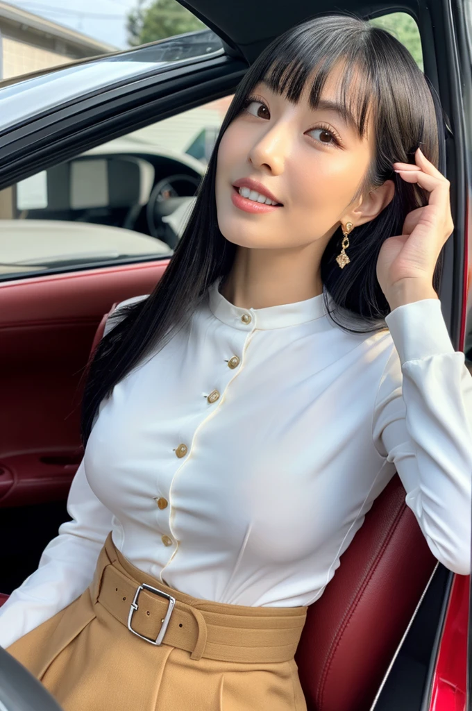 Inside the car at the driving school, driving school instructor, ((full body)), ((photo)), ((best qualtiy, 8K, tmasterpiece:1.3)), Focus:1.2, perfect figure beautiful girl:1.4, 1girl, cowboy shot, look at viewer, incredibly absurd, beautiful and cute girl with a photorealistic face, showcasing top-quality craftsmanship, A Japanese woman sitting in the passenger seat of a car at a driving school, 22 years old, has long, shiny, straight black hair, long bangs cut above her eyes as see-through bangs, large, dark eyes, long eyelashes, cat-like eyes with slightly upturned corners, well-defined eyebrows, double eyelids, straight nose, thin lips but a healthy, natural red color, well-aligned teeth, sharp jawline, fair, clear skin, smooth skin, long limbs, tall, slender, well-balanced proportions, beautiful C-cup breasts, wearing a white blouse with a black tight skirt and a beige jacket over it. The skirt is knee-length, an elegant and chic outfit, a single diamond earring in her left ear, and a slim gold ring on her middle finger on her right hand, a beautiful older woman, beautiful, neat, serious, responsible, kind, April