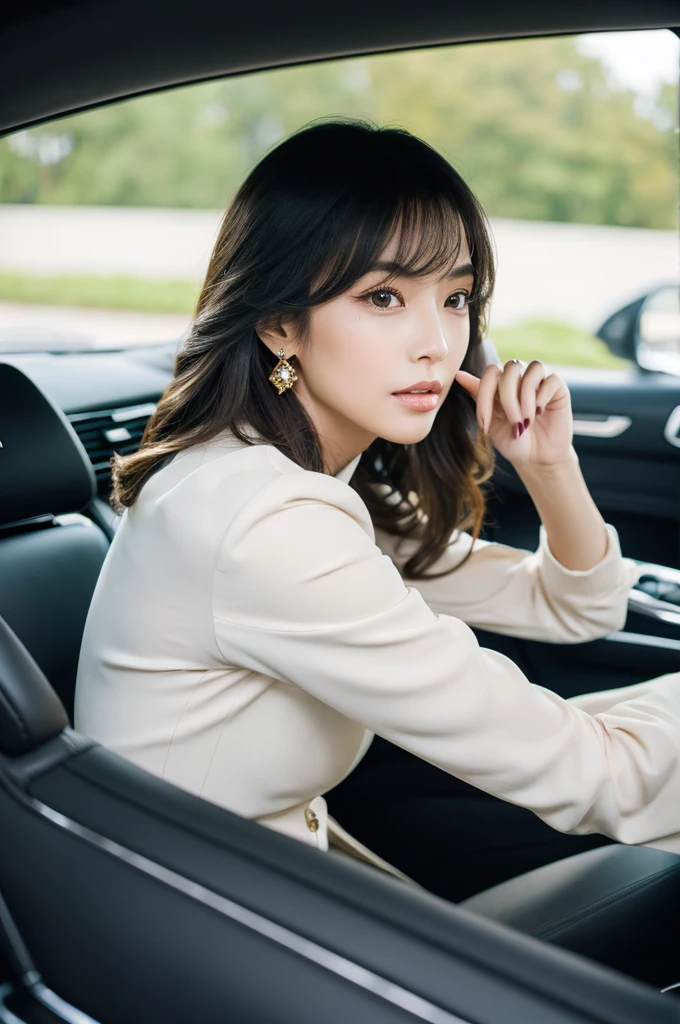 Inside the car at the driving school, driving school instructor, ((full body)), ((photo)), ((best qualtiy, 8K, tmasterpiece:1.3)), Focus:1.2, perfect figure beautiful girl:1.4, 1girl, cowboy shot, look at viewer, incredibly absurd, beautiful and cute girl with a photorealistic face, showcasing top-quality craftsmanship, A Japanese woman sitting in the passenger seat of a car at a driving school, 22 years old, has long, shiny, straight black hair, long bangs cut above her eyes as see-through bangs, large, dark eyes, long eyelashes, cat-like eyes with slightly upturned corners, well-defined eyebrows, double eyelids, straight nose, thin lips but a healthy, natural red color, well-aligned teeth, sharp jawline, fair, clear skin, smooth skin, long limbs, tall, slender, well-balanced proportions, beautiful C-cup breasts, wearing a white blouse with a black tight skirt and a beige jacket over it. The skirt is knee-length, an elegant and chic outfit, a single diamond earring in her left ear, and a slim gold ring on her middle finger on her right hand, a beautiful older woman, beautiful, neat, serious, responsible, kind, April
