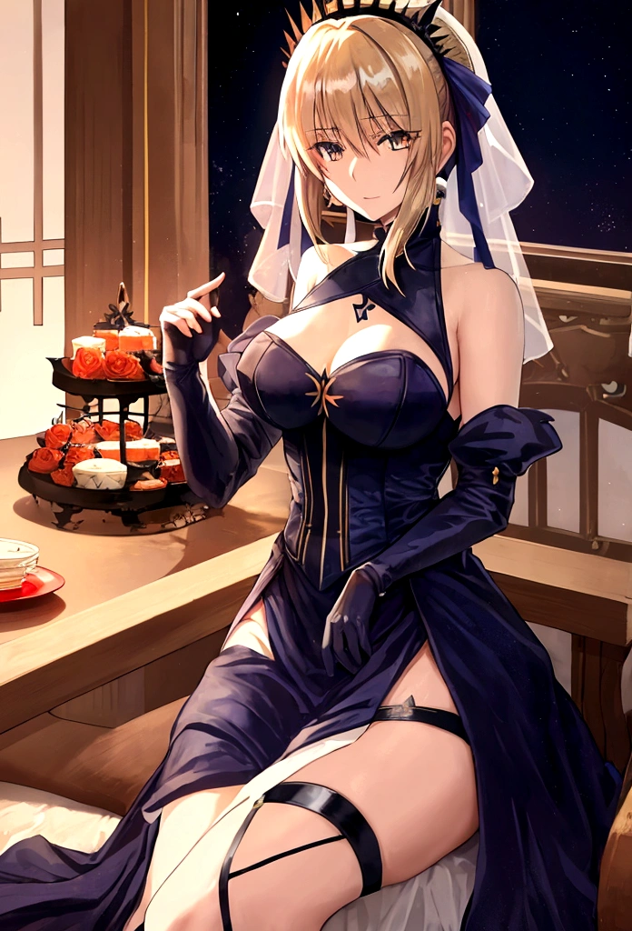 Saber Artoria de Fate Stay Night, dress style Kurumi Tokisaki of Date a Live black and orange, dos coletas en el cabello, cabello rubio,gothic