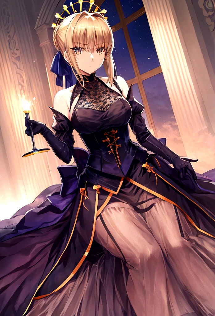 Saber Artoria de Fate Stay Night, dress style Kurumi Tokisaki of Date a Live black and orange, dos coletas en el cabello, cabello rubio,gothic