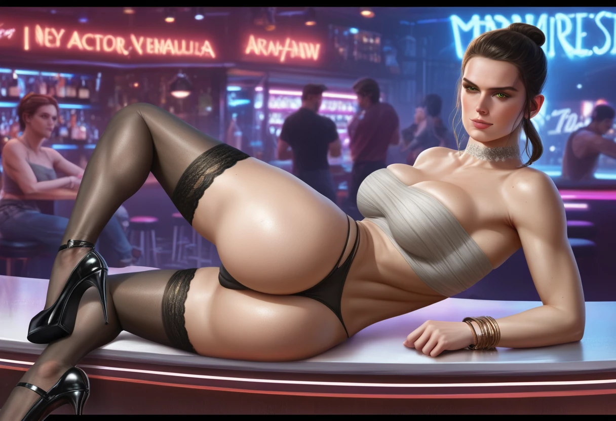 score_9, score_8_up, score_7_up, score_6_up, score_5_up, score_4_up, masterpiece, best quality, absurdres, canon eos 5d mark iv, highly detailed, (photorealistic, realistic skin), (raw photo), smirk, 1girl, a beautiful woman,(Rey Skywalker from Starwars), ((laying on bar), on the side)1.3, (black lace stockings), fair skin, night, neon lights, nightclub, crowded, detailed face, intricate details, naturalism, hyper-detailed, hyper-realistic, (plastic tight bandeau top, transparent fabric)1.3, (abs:0.4), diamond bracelets, diamond jewelry, (diamond choker)1.2, (huge natural bre3, (grabbing her breasts)1.-blonde hair, beautiful eyes, looking at viewer, BREAK black microskirt, (showing highleg thong cameltoe), (black garters black lace stockings)1.3, (high heels stilettos), tight ass, long toned l, wide hips, (laying, ass on the side, legn the side)