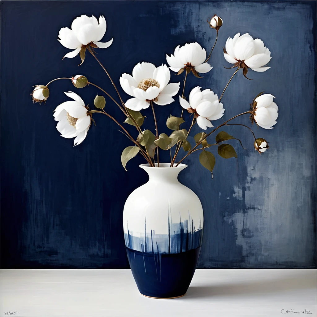 Abstract Floral still life style, vase with this cotton, white and dark navy blue, rough pastoral, intentional canvas, by Catrin Walz-Stein