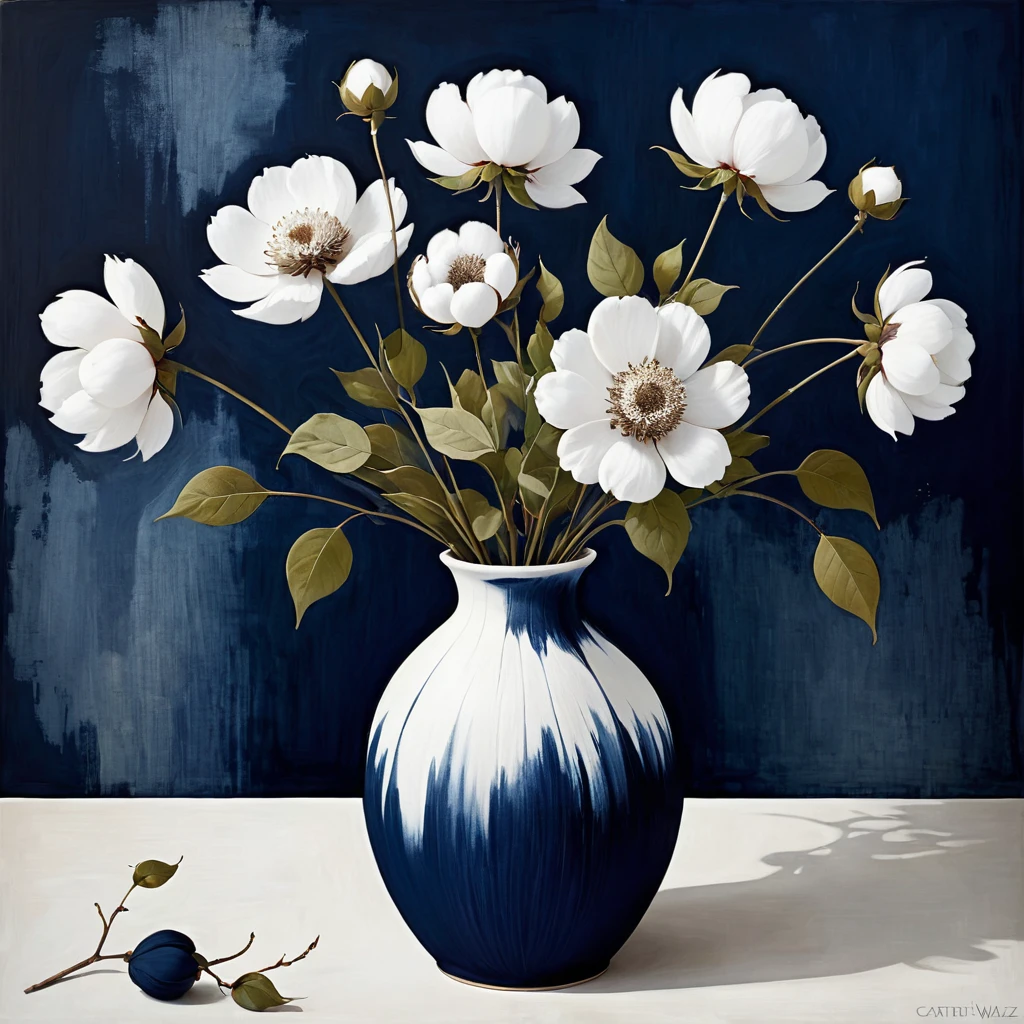 Abstract Floral still life style, vase with this cotton, white and dark navy blue, rough pastoral, intentional canvas, by Catrin Walz-Stein