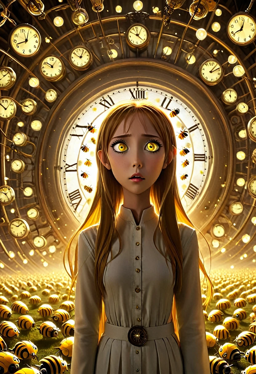 asuna, With her enormous yellow eyes she looks directly at the viewer with an expression of astonishment as she sees herself surrounded by hundreds of clocks that have an impossible geometry.... All with the style of Tim Burton, in some kind of surreal dream and with bees with bodies made of light bulbs flying through the air.